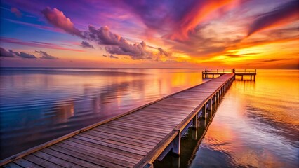 Fototapeta premium Serene Sunset Over a Wooden Pier Stretching into Tranquil Waters, Capturing the Beauty of Nature's Reflection with Gentle Waves and Soft Colors of Dusk