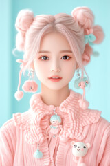 Fototapeta premium A girl with pink hair and a pink sweater with a teddy bear on it
