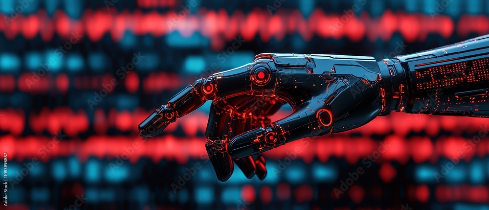 Poster a futuristic robotic hand reaching out against a backdrop of glowing red and blue digital patterns, 