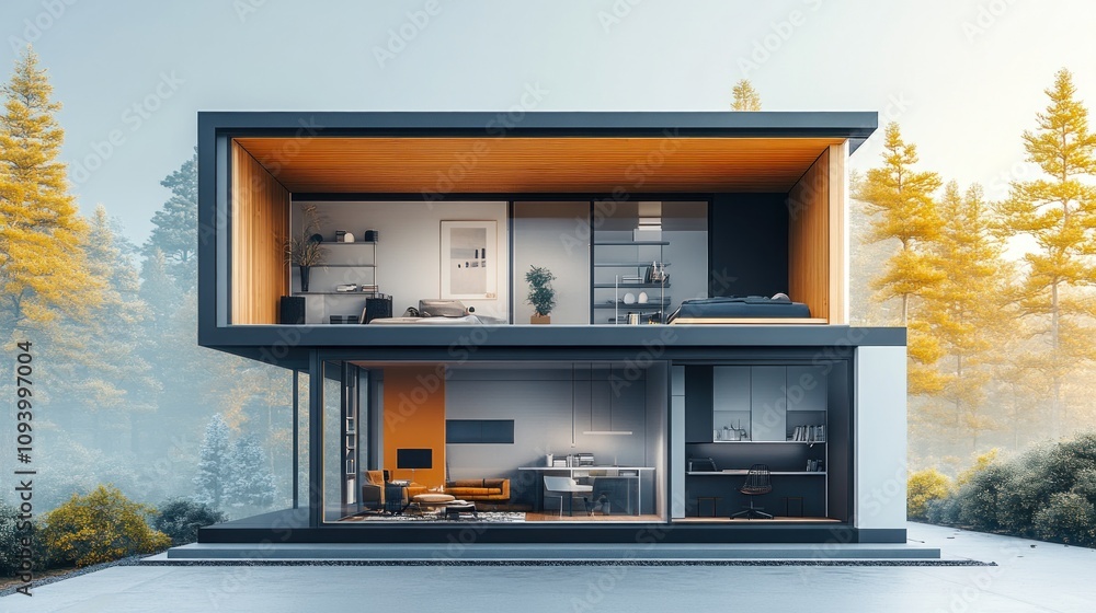 Poster modern two-story house design with open spaces and natural surroundings.