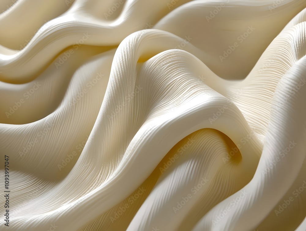 Poster close-up of soft, undulating cream-colored fabric, showcasing intricate textures and gentle waves, c
