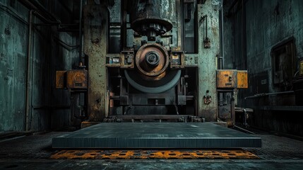 Heavy-duty press machine, pressing metal sheets, detailed hydraulics, industrial setting, dark and dramatic lighting