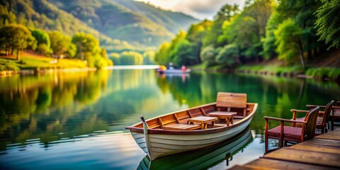 Obraz premium Serene Tilt-Shift Photography of Empty Seats on a Boat, Capturing a Tranquil Scene of Abandonment on the Water Surrounded by Nature's Beauty in Soft Focus