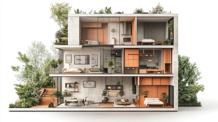 A modern, multi-level house design featuring greenery and stylish interiors.