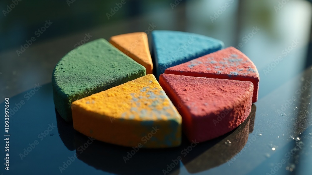 Poster vivid, textured pie chart slices in various colors arranged on a reflective surface, surrounded by s