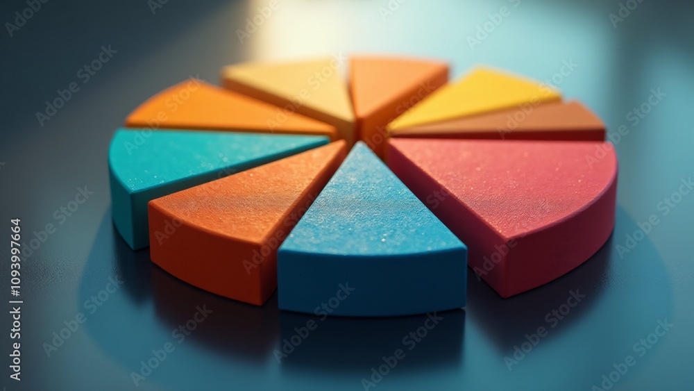 Poster vivid, textured pie chart slices in various colors arranged on a reflective surface, surrounded by s