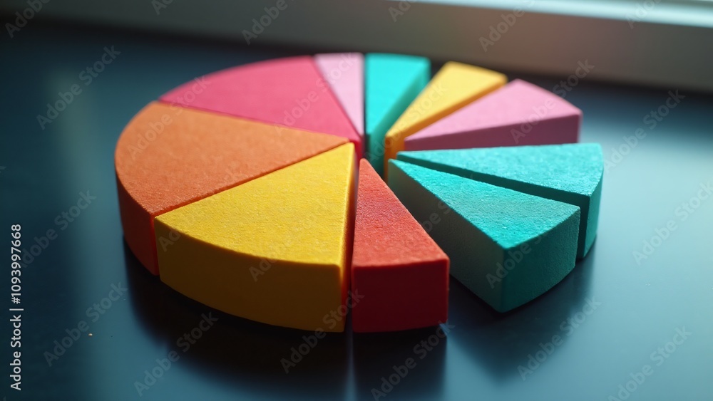 Poster vivid, textured pie chart slices in various colors arranged on a reflective surface, surrounded by s