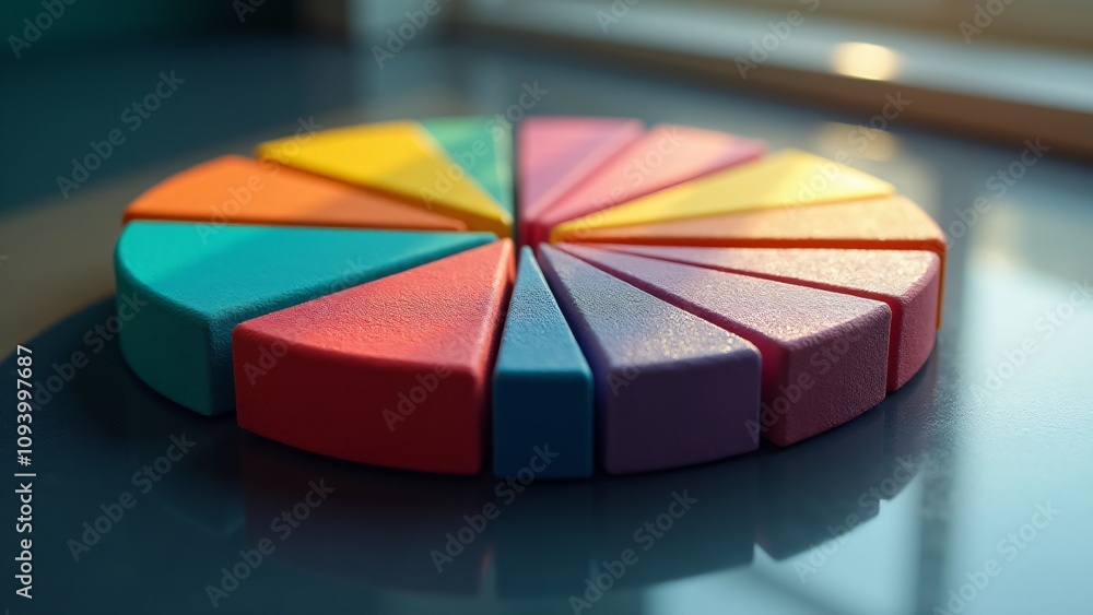 Poster vivid, textured pie chart slices in various colors arranged on a reflective surface, surrounded by s