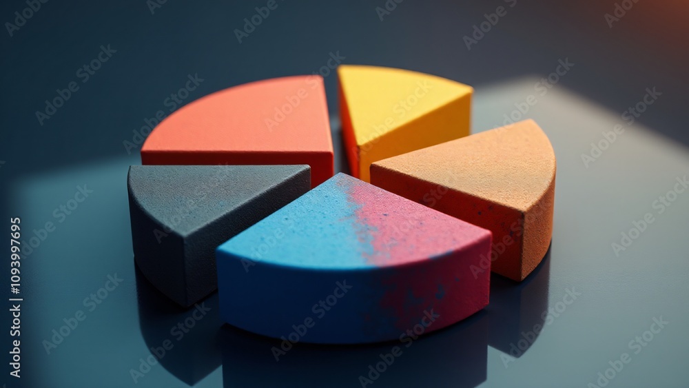 Poster vivid, textured pie chart slices in various colors arranged on a reflective surface, surrounded by s
