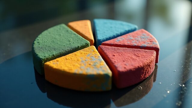 Vivid, textured pie chart slices in various colors arranged on a reflective surface, surrounded by scattered sprinkles, symbolizing data visualization, creativity, and fun design concepts. - Powered by Adobe