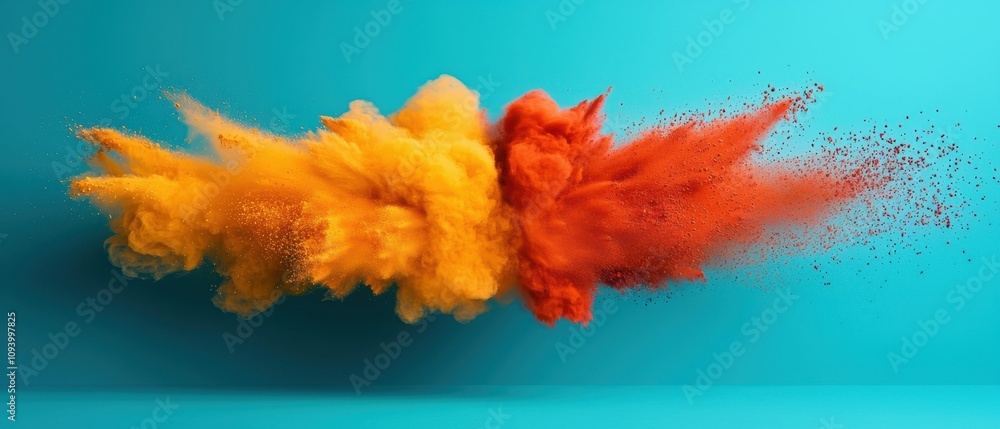 Poster a vibrant explosion of orange and red powders against a turquoise background, creating a dynamic and