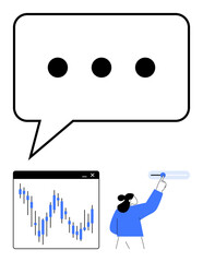Speech bubble with ellipsis, data graph window showing market trends, and person interacting with interface. Ideal for business analytics, communication, data visualization, market analysis