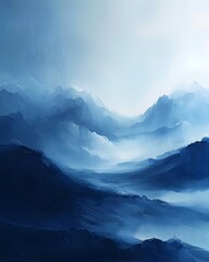 A stunning digital painting of a serene blue mountain landscape, showcasing layers of misty peaks and tranquil valleys under a soft, cloudy sky.
