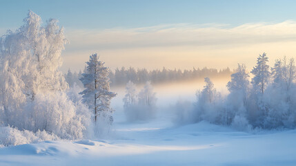 Fototapeta premium Frosty landscapes shrouded in light morning mist, with hazy views of a distant forest under a cold sky. 