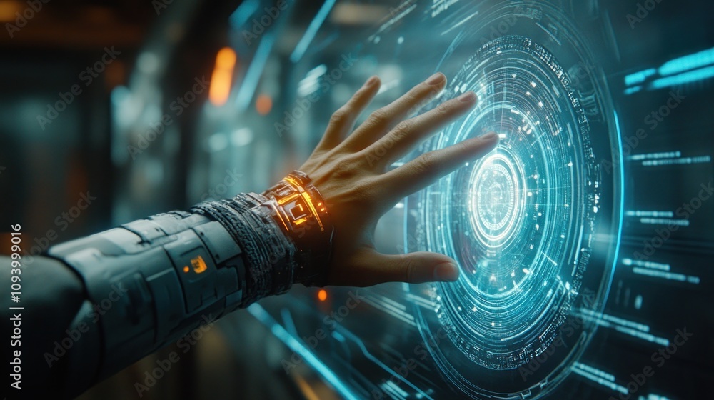 Poster a futuristic hand interacts with a holographic interface displaying digital data.