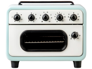 Fototapeta premium Vintage-Style Retro Toaster Oven in Soft Blue and Cream Color with Control Knobs for Baking, Toasting, and More, Ideal for Retro Kitchen Decor and Functions