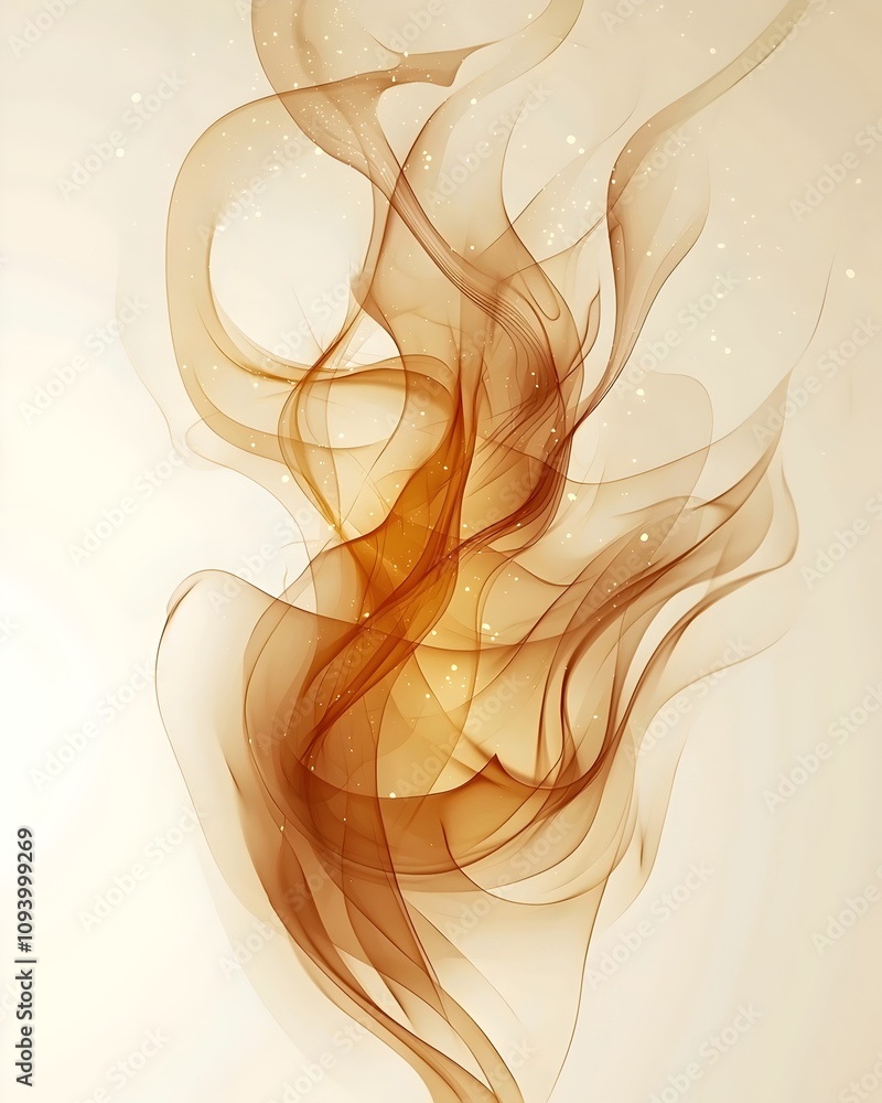 Poster An abstract representation of flowing smoke in warm shades of orange and gold, creating a sense of movement and fluidity against a soft background.