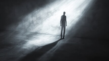 Obraz premium A silhouetted figure stands in a dimly lit space, illuminated by beams of light.