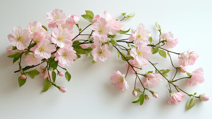 Obraz premium Delicate cherry blossom branch with pastel pink flowers and green leaves, creating serene and beautiful atmosphere. Perfect for spring decor and floral arrangements