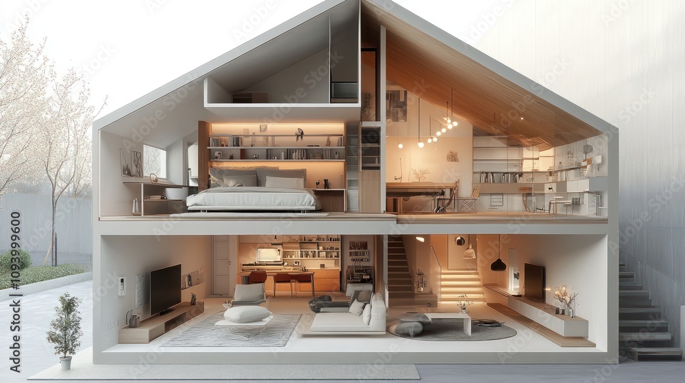Poster modern split-level house interior showcasing minimalist design and open spaces.