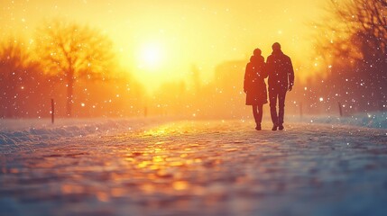 Fototapeta premium Silhouette of a couple walking together on a snowy path at sunset, surrounded by glowing light and falling snowflakes, serene winter atmosphere