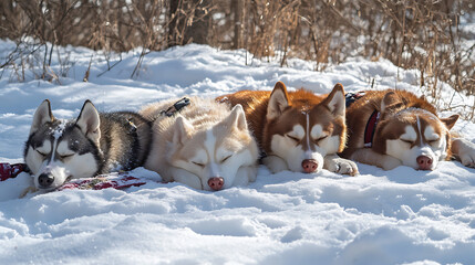 Huskies resting after a snowy sled ride, with frosty breath visible against the cold winter air. 