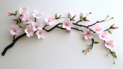 Obraz premium Delicate cherry blossom branch with soft pink flowers and green leaves, creating ethereal and serene atmosphere. Perfect for spring decor and floral arrangements