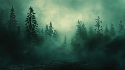 Obraz premium Misty forest landscape with tall trees and a mysterious, atmospheric ambiance.