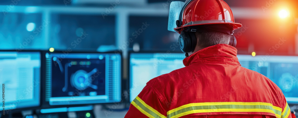 Poster fire alarm detection and response concept. emergency response professionals monitoring fire detectio