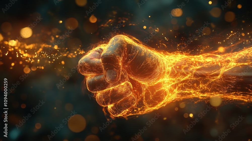 Aufkleber a glowing, fiery fist representing strength and energy in a dynamic visual effect.