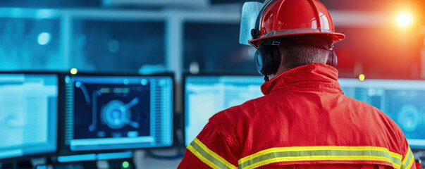 Fire alarm detection and response concept. Emergency response professionals monitoring fire detection systems