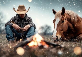 Tranquil Cowboy by Campfire with Horse in Snowy Wilderness, Capturing the Essence of Outdoor Adventure and Connection with Nature