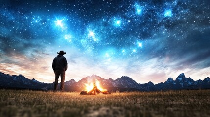 Serene Night Sky with Stars Over Mountain Landscape, Cowboy Silhouette by Campfire Embracing Peaceful Wilderness and Natural Beauty at Twilight