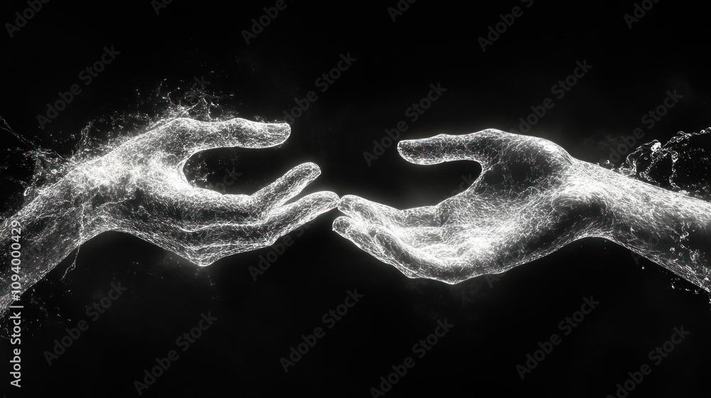 Poster two ethereal hands reaching towards each other, symbolizing connection and unity.