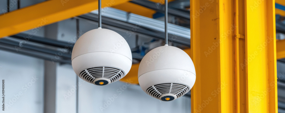 Poster fire alarm detection and response concept. ceiling mounted heat and smoke detectors in industrial se