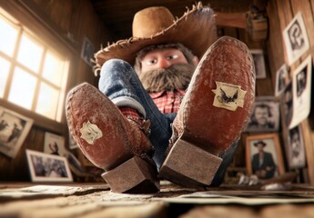 Rustic cowboy character with large boots lounging in a vintage wooden cabin filled with historical photographs and warm sunlight streaming through the window