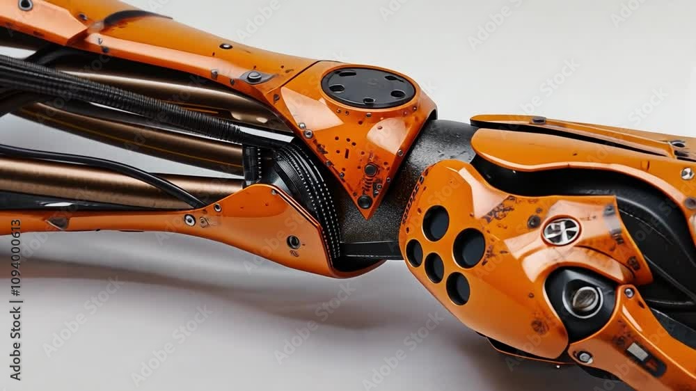 Aufkleber An advanced robotic arm displays a captivating design with intricate mechanical components and a striking orange finish. This piece exemplifies modern robotics and engineering creativity.
