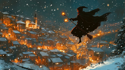 illustration of La Befana, an old woman with the appearance of a kind witch, above a snowy Italian city at night with stars shining in the sky, Ai generated images