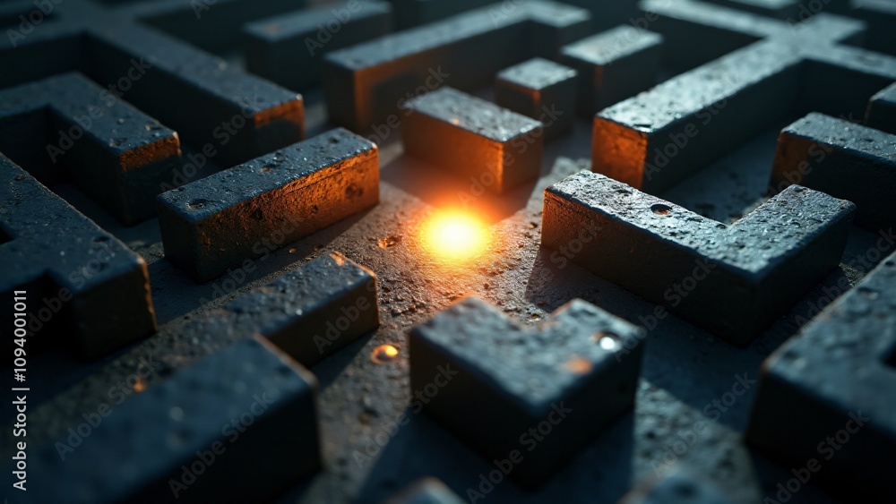 Poster a mysterious maze with a glowing lightbulb at the center, symbolizing finding solutions, guidance, a
