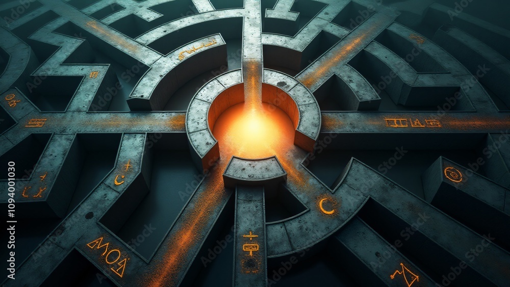 Poster a mysterious maze with a glowing lightbulb at the center, symbolizing finding solutions, guidance, a