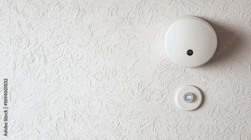 Poster fire alarm detection and response concept. close up of smoke detector and test button on textured wa