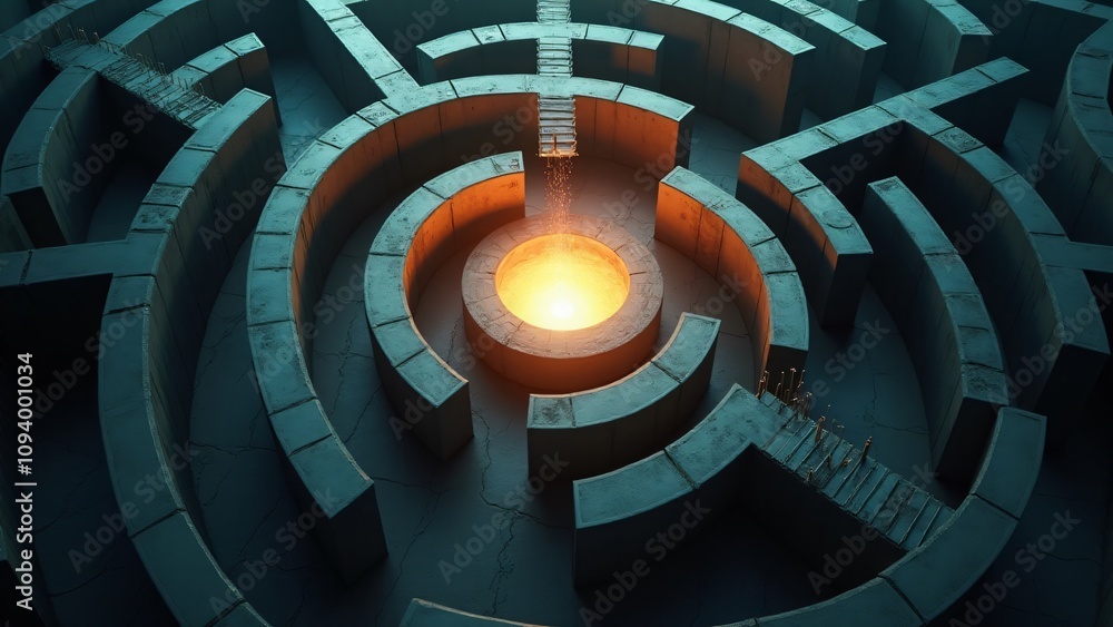 Poster a mysterious maze with a glowing lightbulb at the center, symbolizing finding solutions, guidance, a