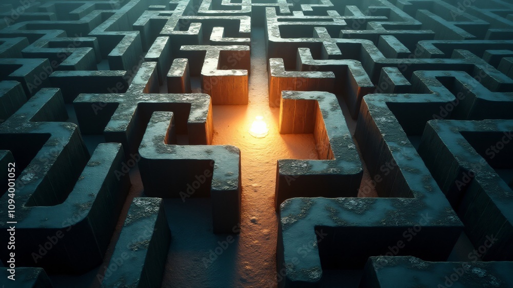 Poster a mysterious maze with a glowing lightbulb at the center, symbolizing finding solutions, guidance, a