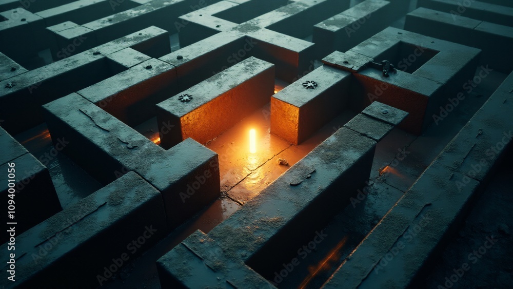 Poster a mysterious maze with a glowing lightbulb at the center, symbolizing finding solutions, guidance, a