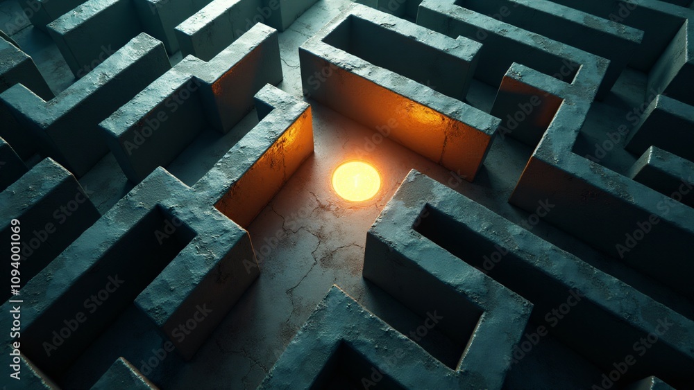 Poster a mysterious maze with a glowing lightbulb at the center, symbolizing finding solutions, guidance, a