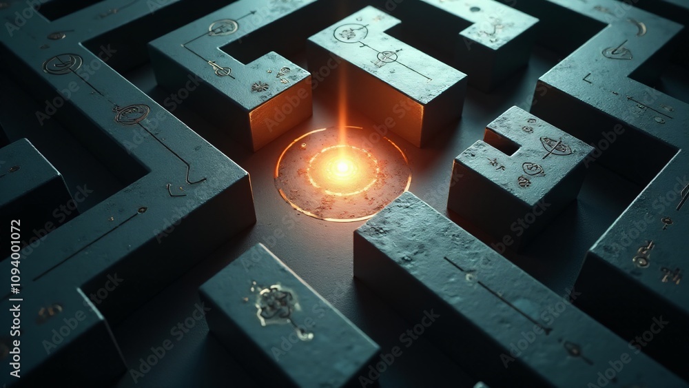 Poster a mysterious maze with a glowing lightbulb at the center, symbolizing finding solutions, guidance, a