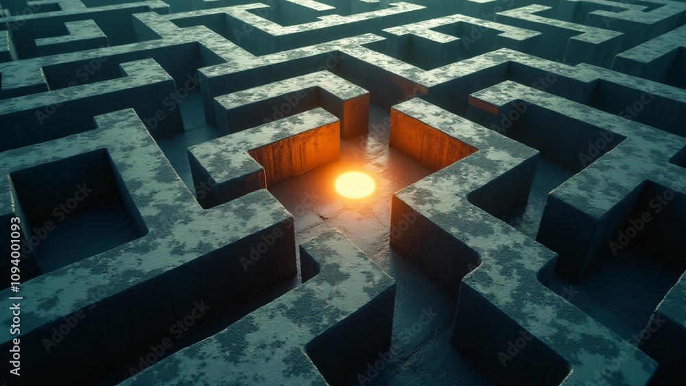 Poster a mysterious maze with a glowing lightbulb at the center, symbolizing finding solutions, guidance, a