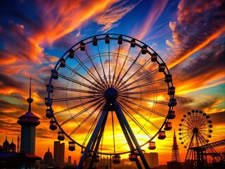 Silhouette of a Ferris Wheel against a Stunning Sunset Sky in a Vibrant Cityscape, Capturing the Essence of London&rsquo;s Iconic Observation Wheel and Nearby Carousel Attractions