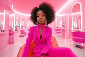 A young woman in a pink suit sits in a brightly colored pink room with mirrors.