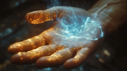 Fototapeta premium A glowing hand holds swirling energy, blending light and texture in a mystical display.